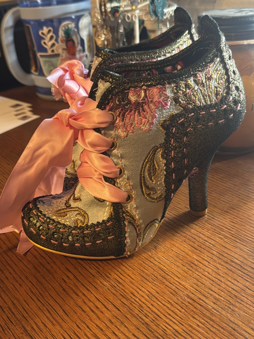 Floral Embroidered Satin Lace-Up Heeled Bootie in Pink Ribbon